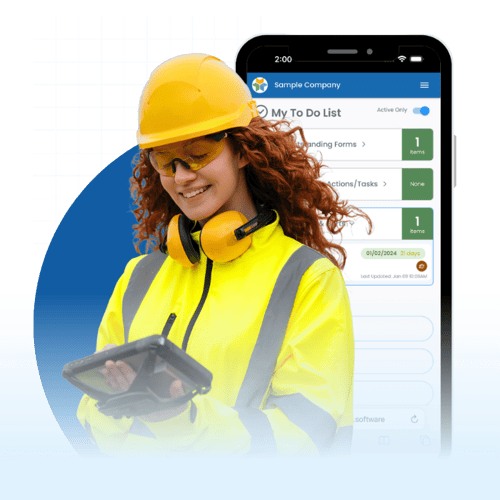 Woman wearing safety gear holding a tablet with Wombat Safety Software mobile app visible in the background Woman wearing safety gear holding a tablet with Wombat Safety Software mobile app visible in the background