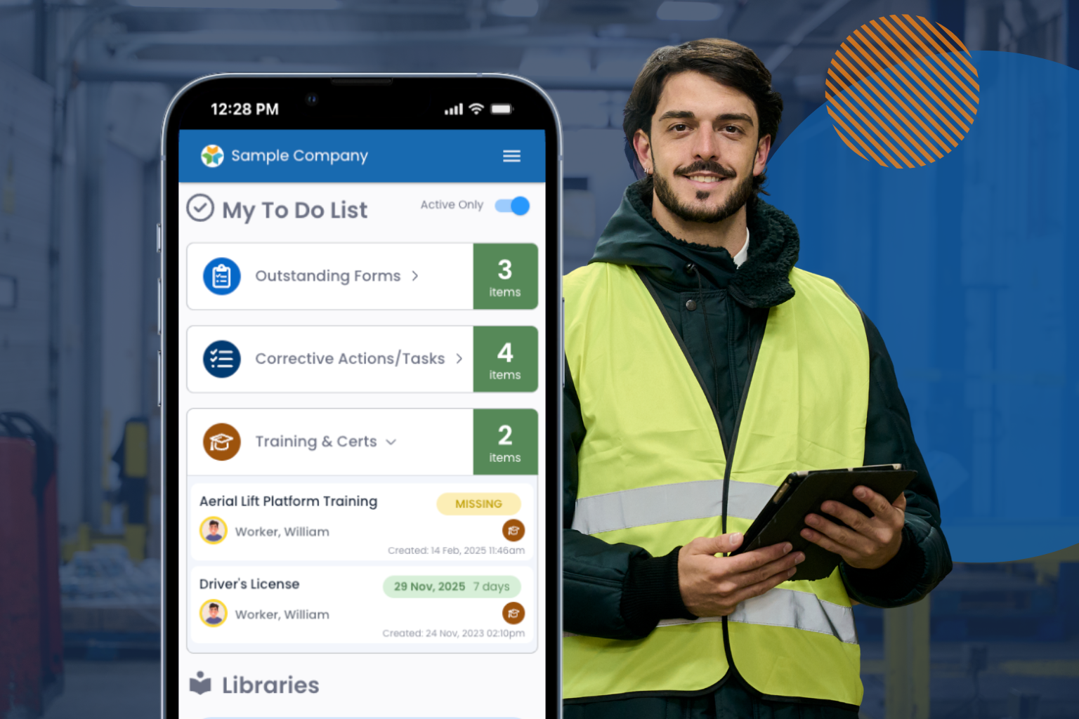 Safety professional reviewing a digital to-do list in Wombat Safety Software.