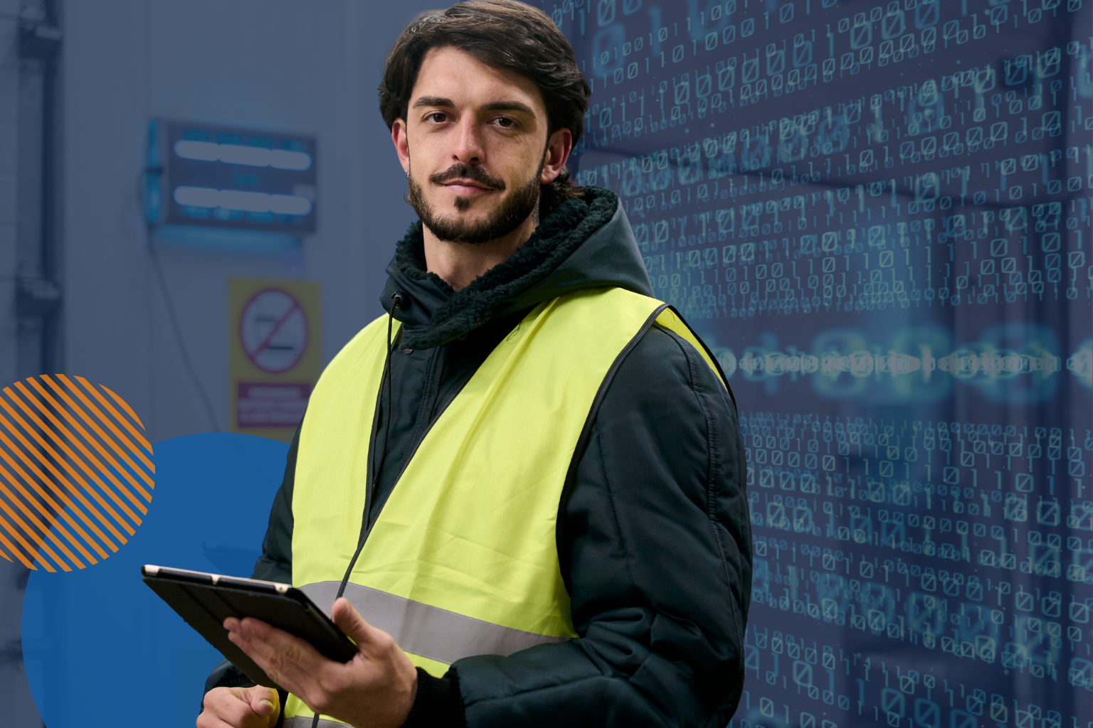 Construction worker using a digital safety management system on a tablet.