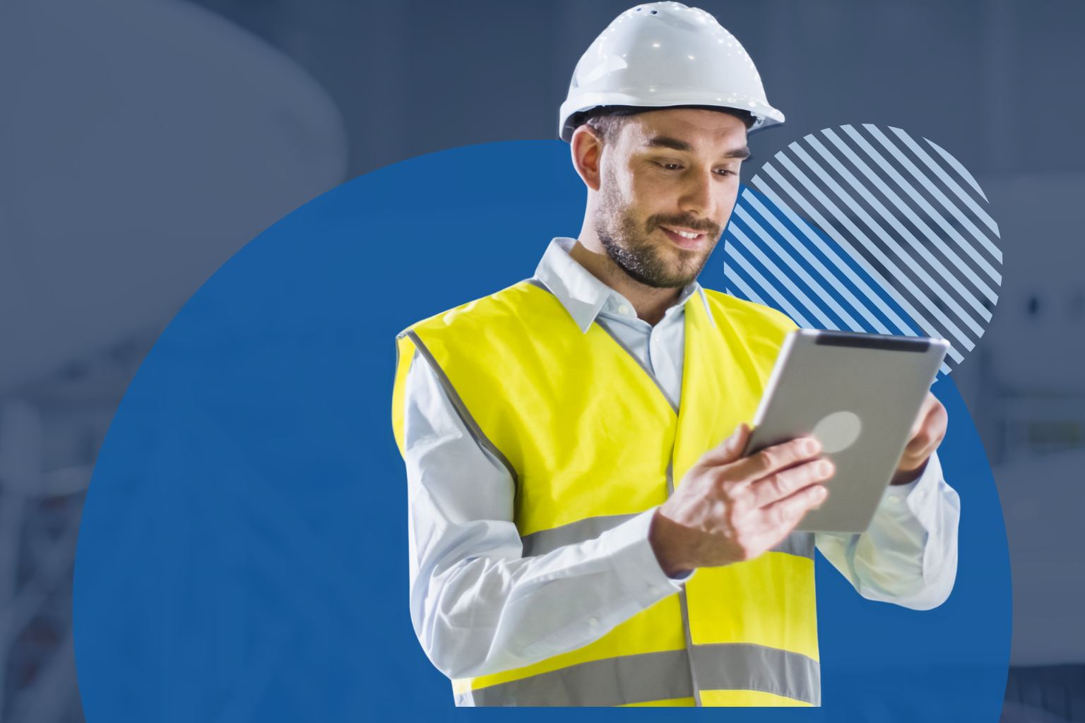 Construction worker confidently using safety management software on a tablet.