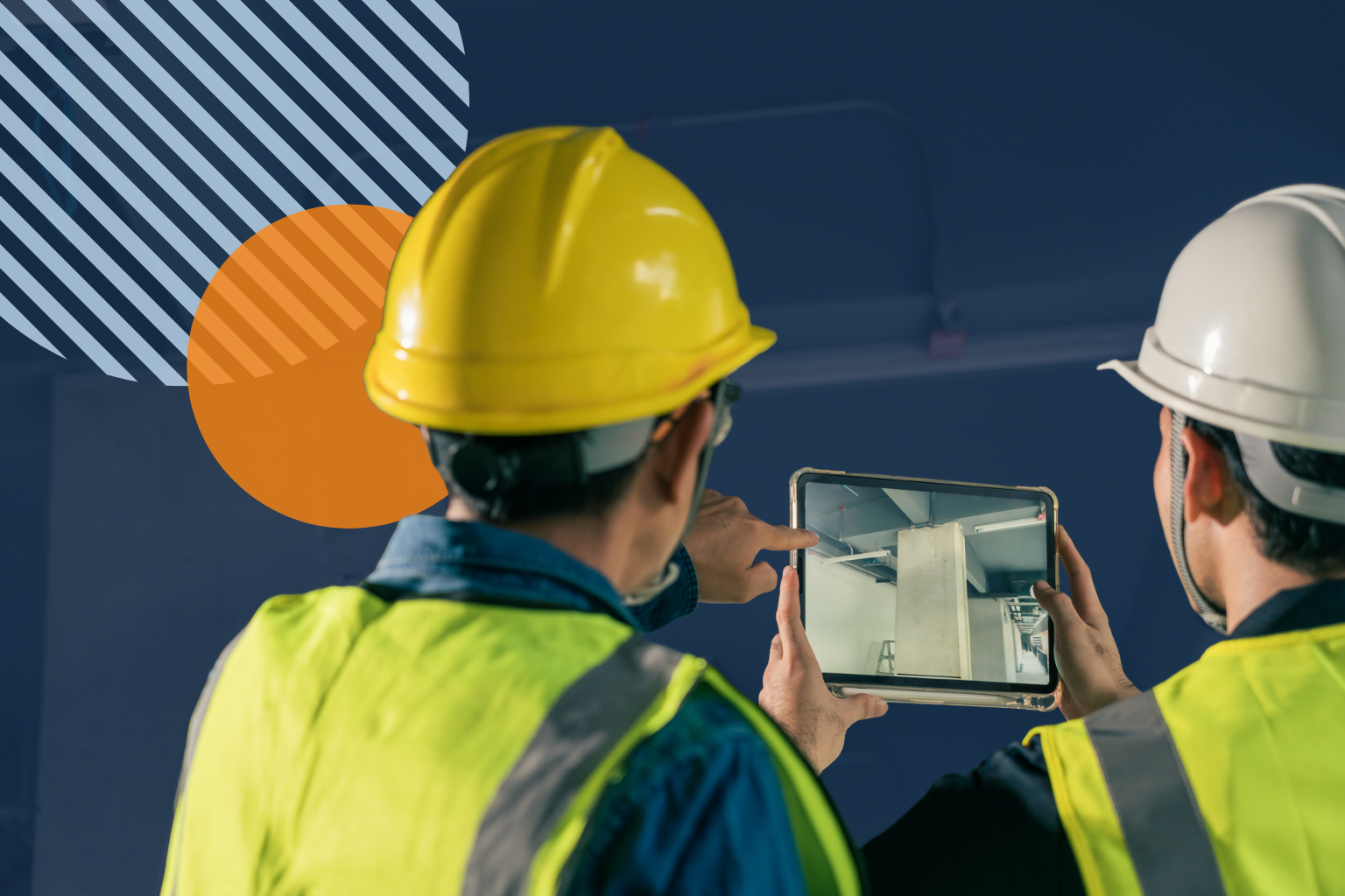 Construction worker reviewing real-time safety compliance data on a tablet at a job site.