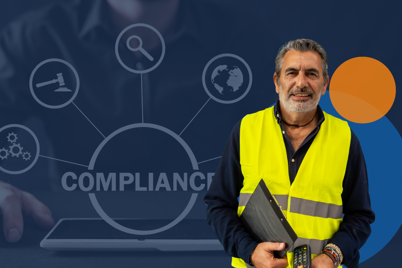 Safety manager reviewing compliance data and reports using safety software on a computer.