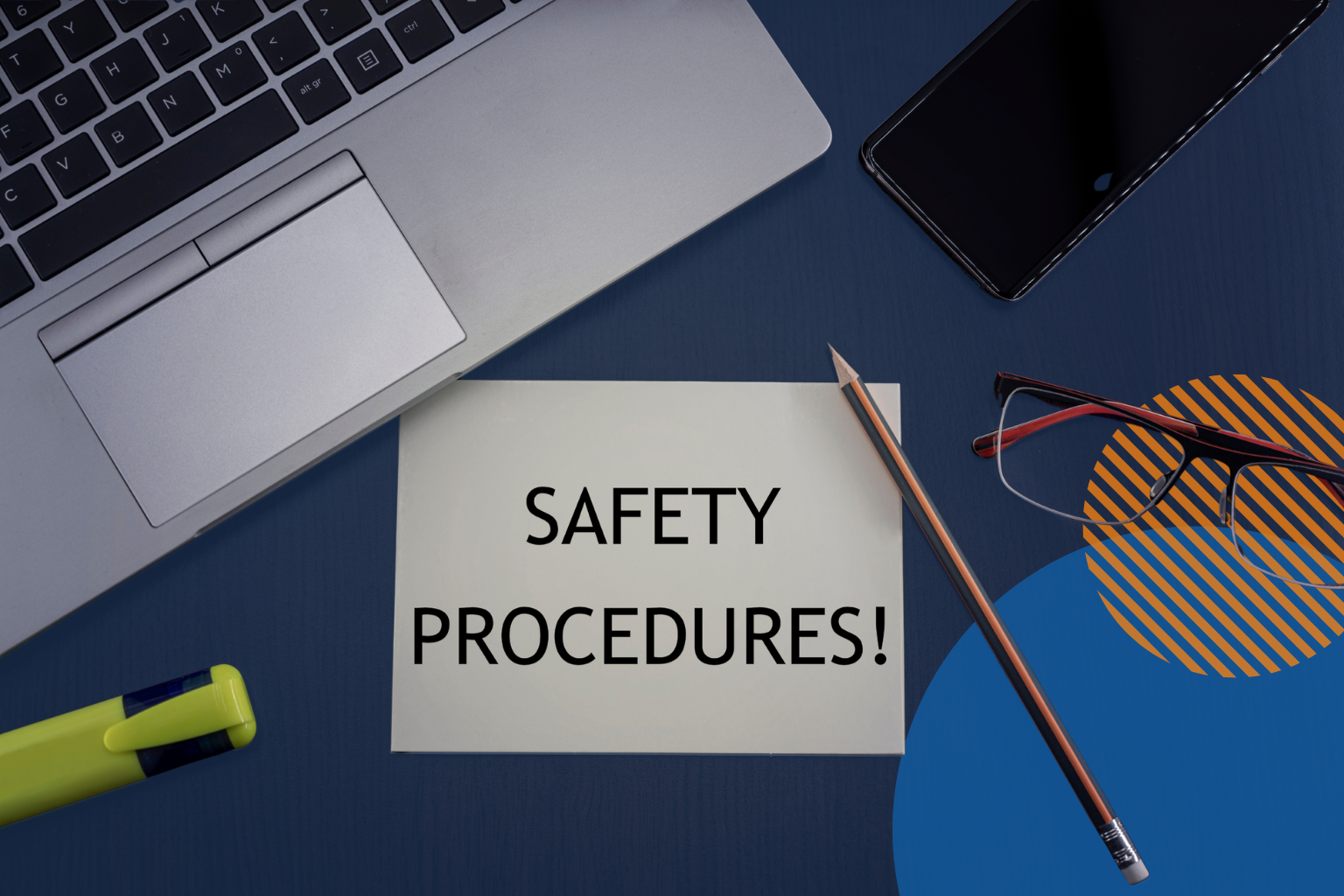 Illustration of office desk with safety procedure note text