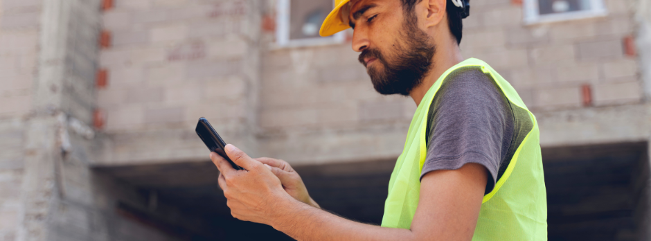 A worker using the Wombat Software mobile app on a construction site, accessing safety checklists and incident reports in real time.